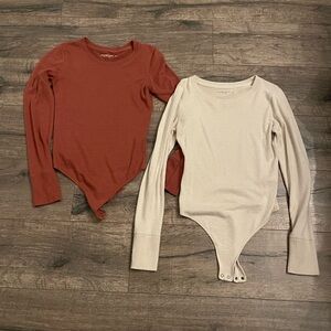 Abercrombie & Fitch Rust Red and Cream Ribbed Long Sleeve Bodysuits (2)